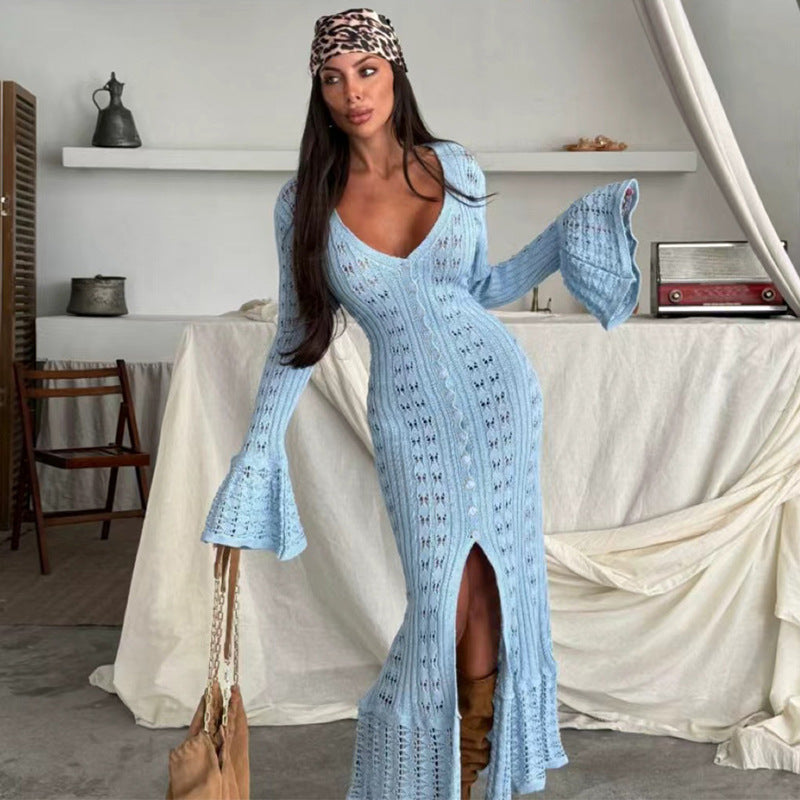 Damen Strickmaxikleid mit nostalgischem Lochmuster und elegantem V-Ausschnitt Echo Archiv