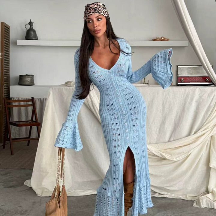 Damen Strickmaxikleid mit nostalgischem Lochmuster und elegantem V-Ausschnitt Echo Archiv