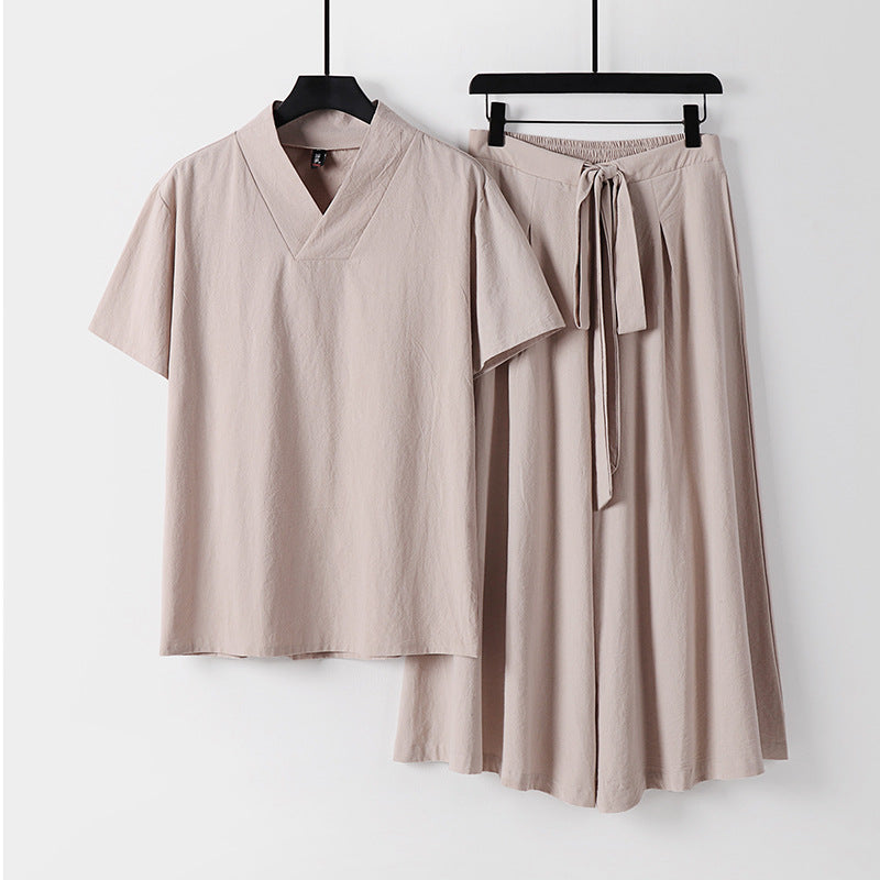 Damen Leichtes Loungewear-Set mit V-Ausschnitt-Shirt und weit schwingendem Midirock mit Kordelzug Echoarchiv