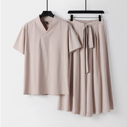Damen Leichtes Loungewear-Set mit V-Ausschnitt-Shirt und weit schwingendem Midirock mit Kordelzug Echoarchiv