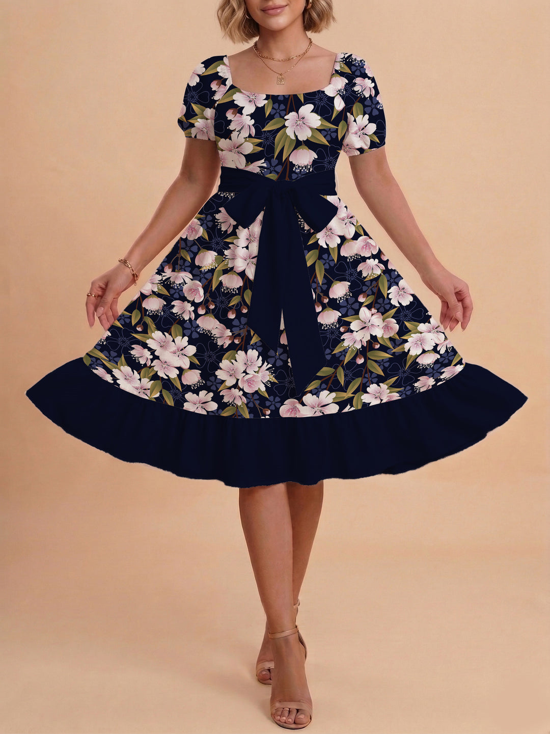 Damen Blumenkleid mit taillierbarem Gürtel und voluminösen Ärmeln Echo Archiv