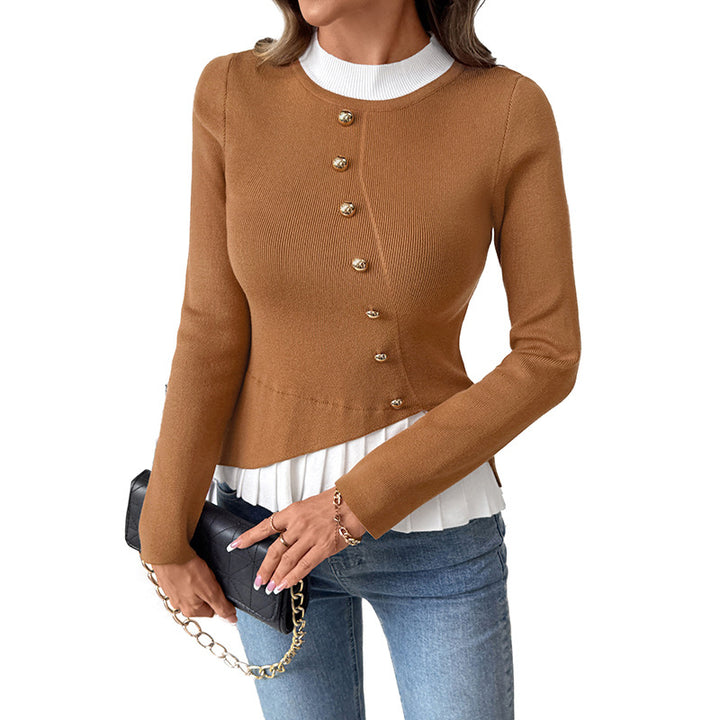 Damen Figurbetonter Strickpullover mit asymmetrischer Knopfleiste und Plissee-Layer Echoarchiv