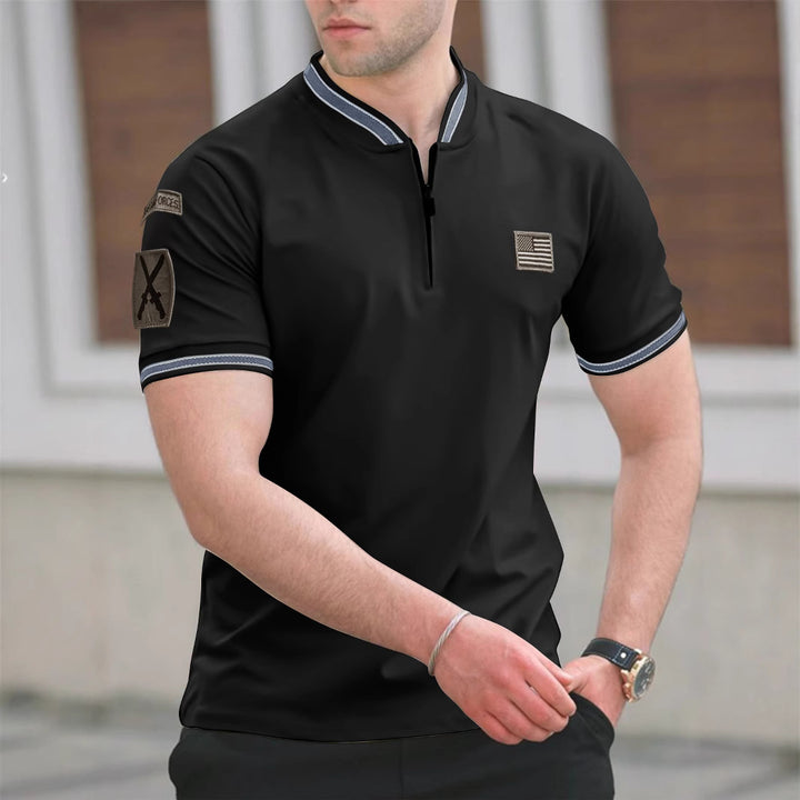 Herren Kurzarm-Kragen-T-Shirt mit praktischer Reißverschlussöffnung und kontrastierenden Akzenten Echoarchiv
