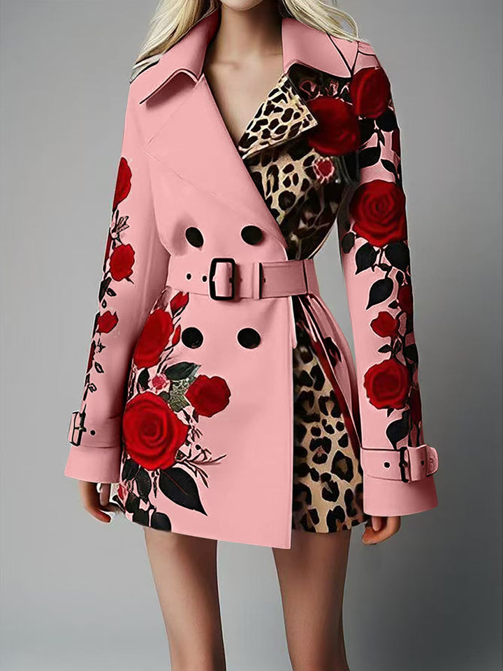 Damen Taillierter Trenchcoat mit Rosenprint und Leoparden-Innenfutter – Montévia