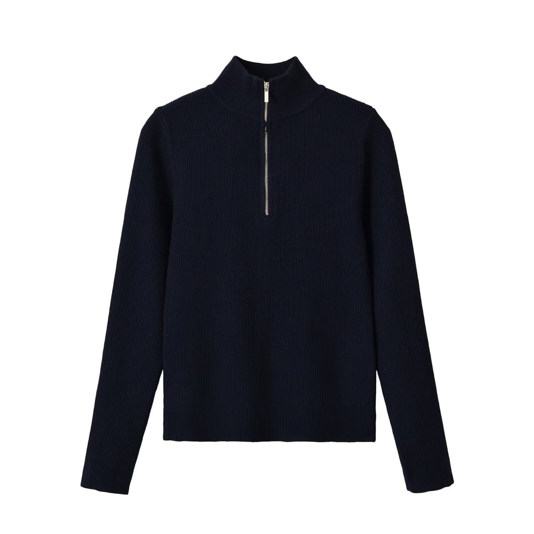 Damen Gerippter Halbzip-Strickpullover mit Stehkragen Echoarchiv