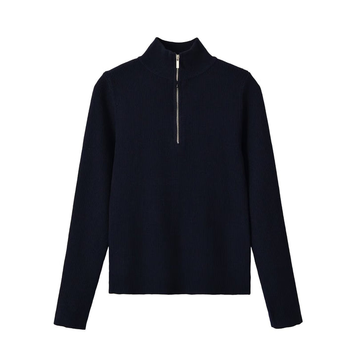 Damen Gerippter Halbzip-Strickpullover mit Stehkragen Echoarchiv
