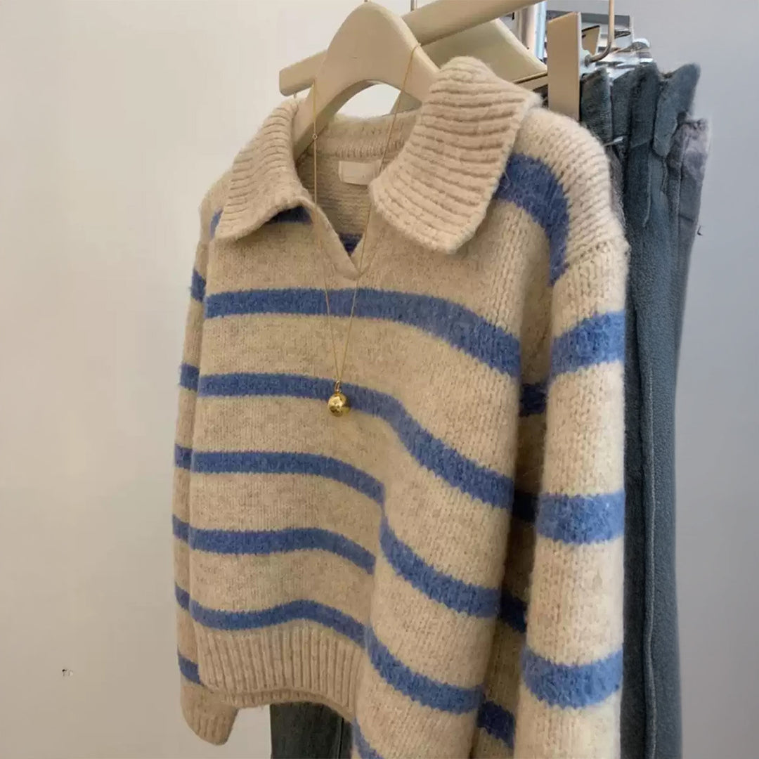 Damen nan kuscheliger Oversize-Strickpullover mit Polokragen und breiten Streifen Echo Archiv