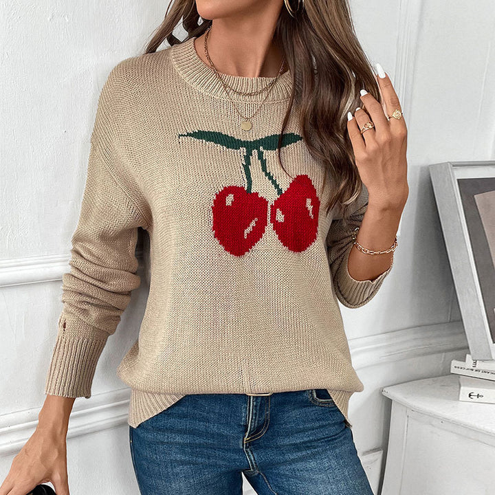 Damen Strickpullover mit Kirschen-Intarsie, Rundhalsausschnitt und legerem Oversize-Schnitt Echoarchiv