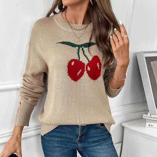 Damen Strickpullover mit Kirschen-Intarsie, Rundhalsausschnitt und legerem Oversize-Schnitt Echoarchiv