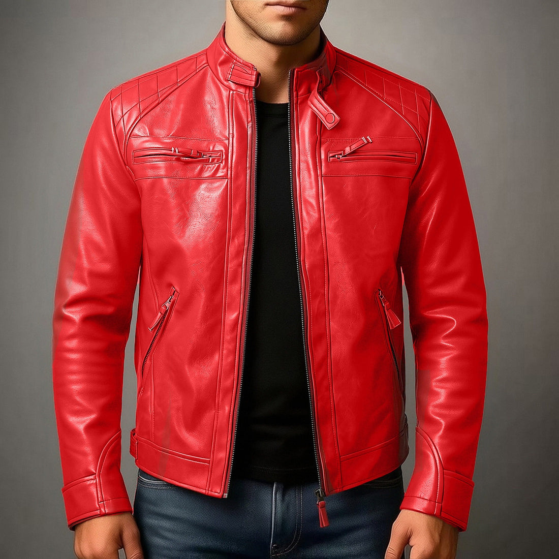 Herren Biker-inspirierte Kunstlederjacke mit Stehkragen, gesteppter Schulterpartie und Reißverschlusstaschen Echo Archiv