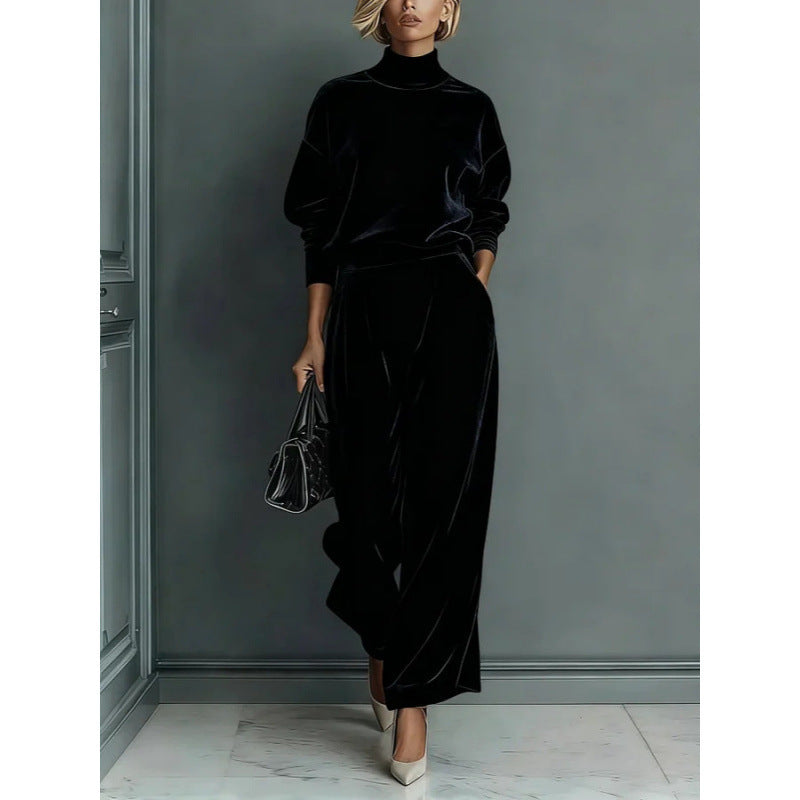 Damen Zweiteiliges Samt-Loungewear-Set mit Stehkragen und Plissee-Palazzohose – Élanora