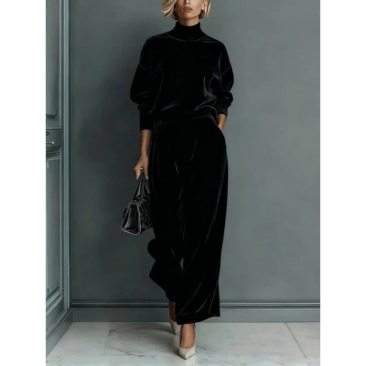 Damen Zweiteiliges Samt-Loungewear-Set mit Stehkragen und Plissee-Palazzohose – Élanora