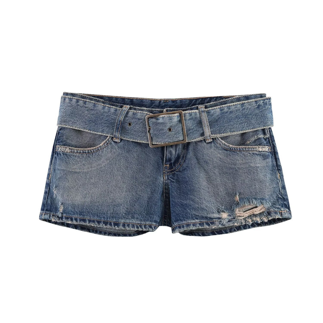 Damen modische Destroyed Denim-Shorts mit verstellbarem Gürtel Echo Archiv
