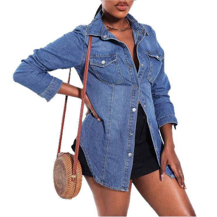 Damen tailliertes Denim‑Hemd mit Pattentaschen und Druckknopf‑Front Echo Archiv