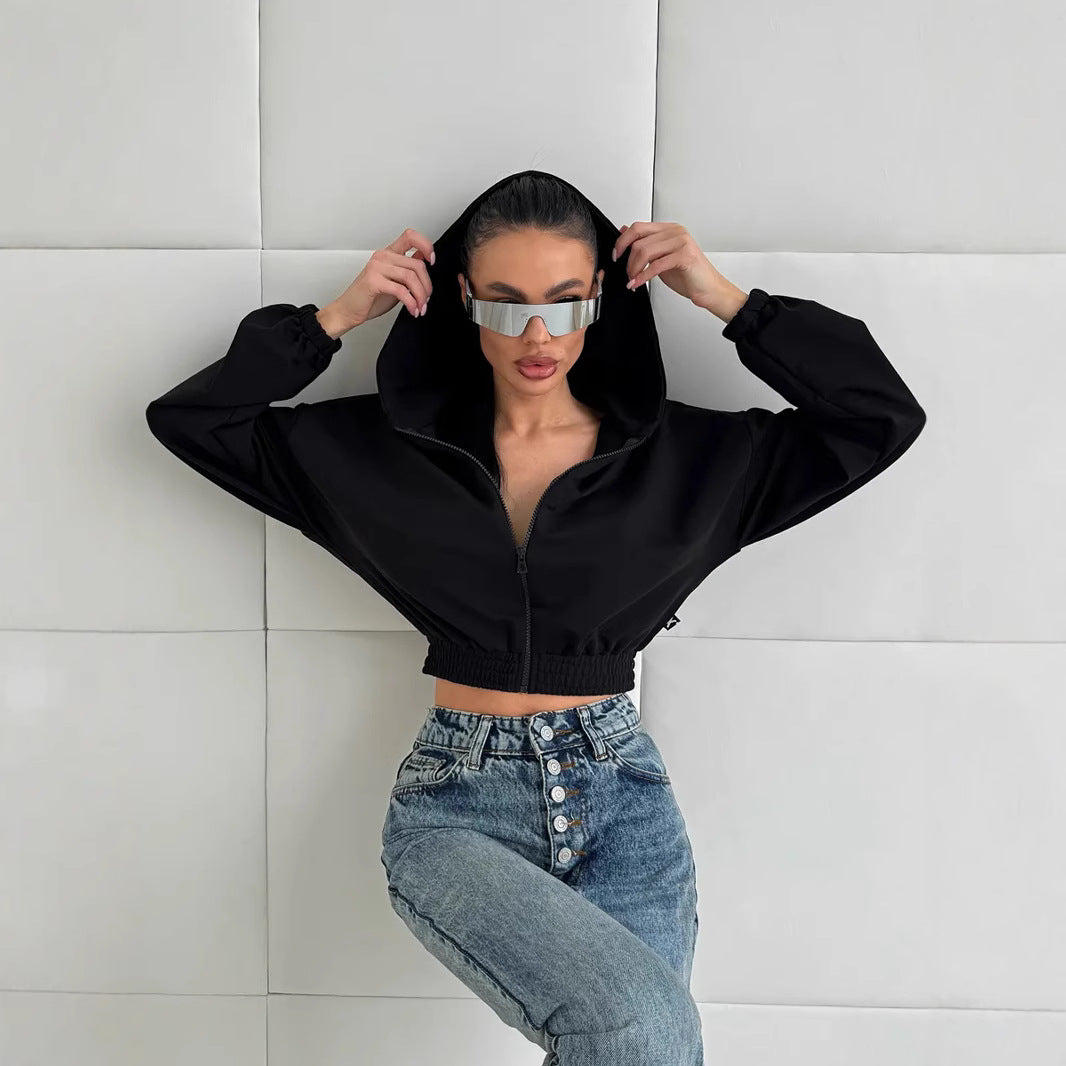 Damen Kurzgeschnittene Kapuzenjacke mit Reißverschluss, elastischem Bund und legerer Passform – Auréline
