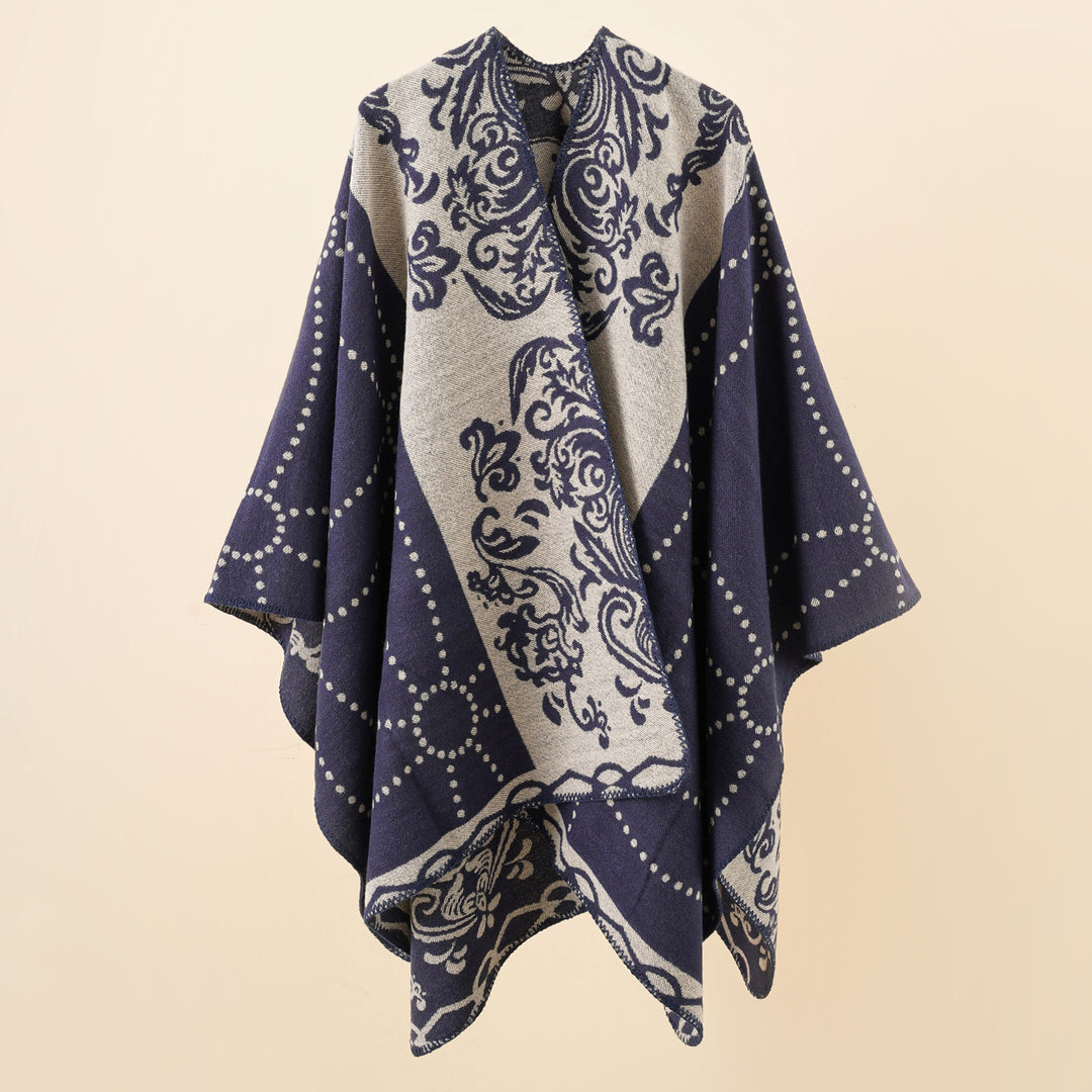 Damen Jacquard-Ruana im Umhangstil mit kontrastierender Kettelsaum Echo Archiv