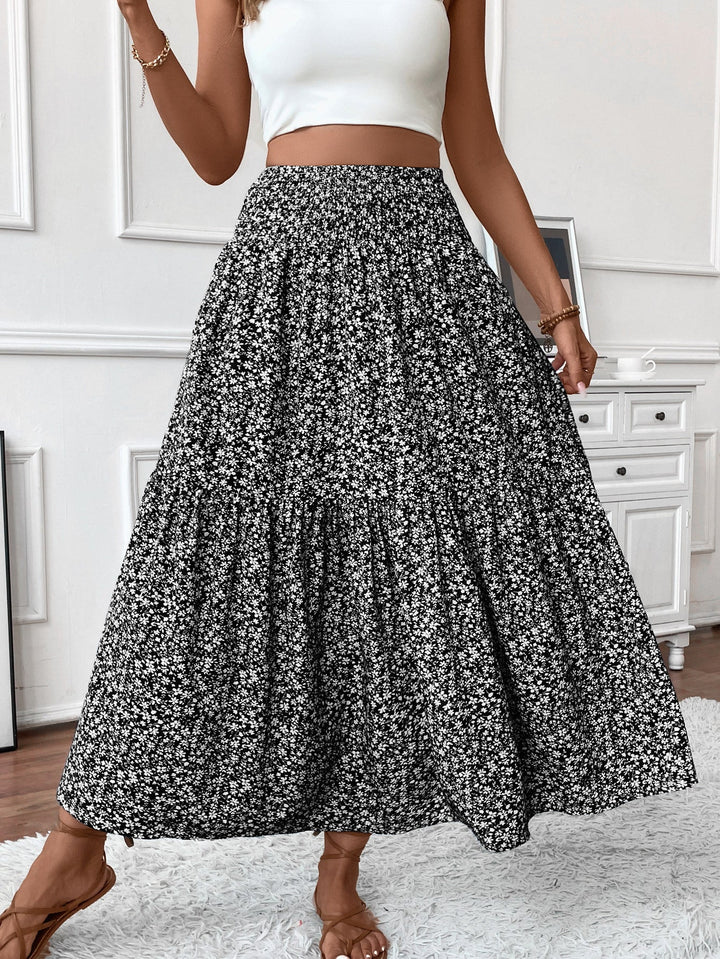 Damen Langer Rock mit floralem Print und elastischem Bund Echoarchiv