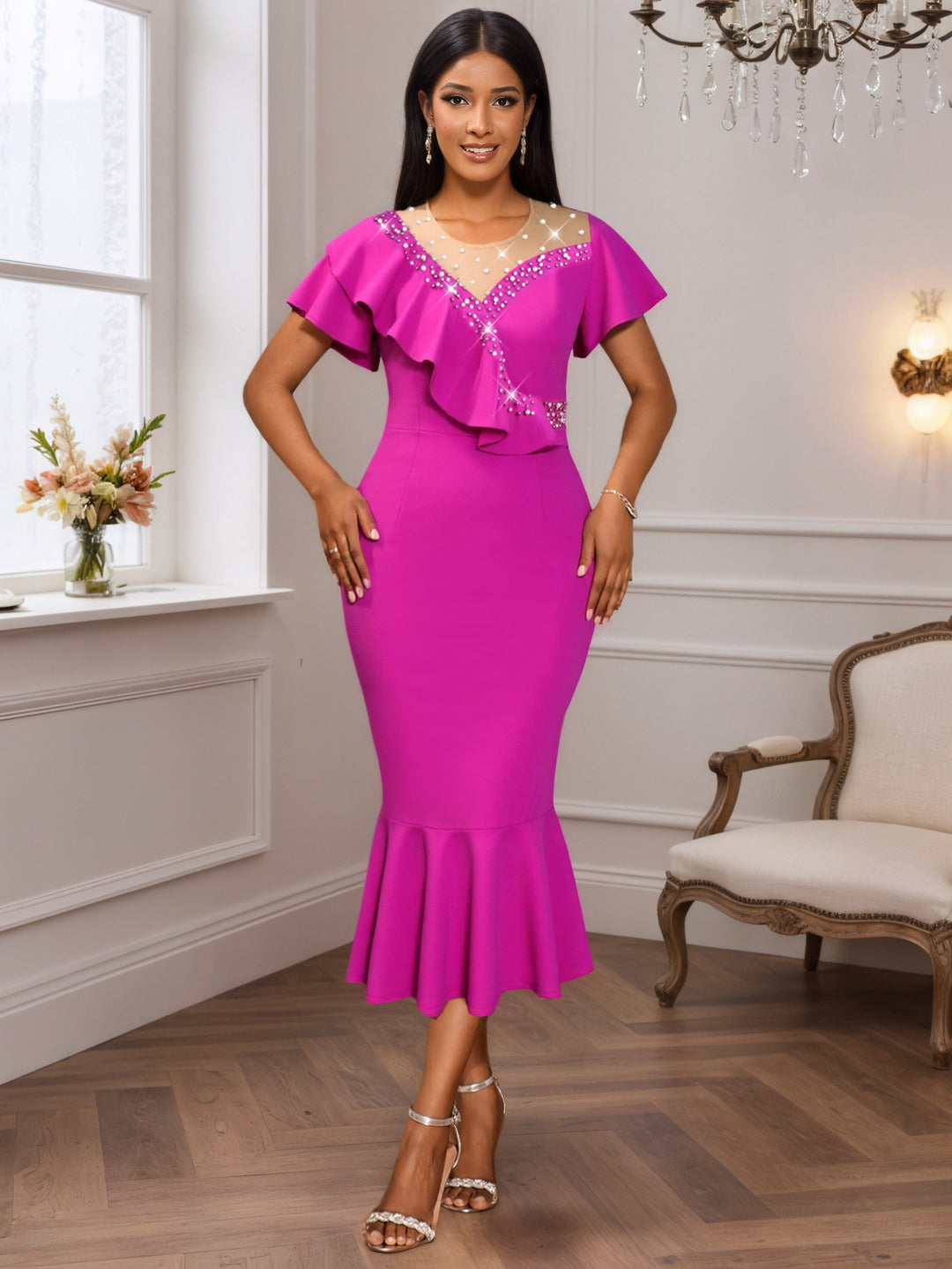 Damen figurbetontes Abendkleid mit asymmetrischem Rüschendetail und elegantem Wasserfallausschnitt Echo Archiv