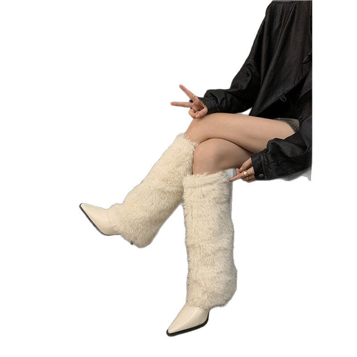Damen spitz zulaufende Stiefel mit hohem Kunstfell‑Schaft und geformtem Kittenabsatz – Lioré