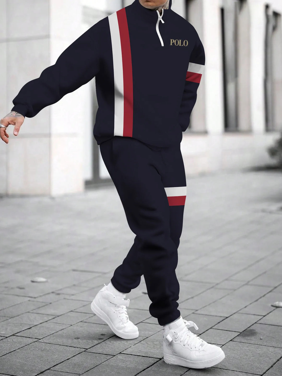 Herren sportliches Outfit mit hohem Kragen und modischem Grafikdesign Echoarchiv