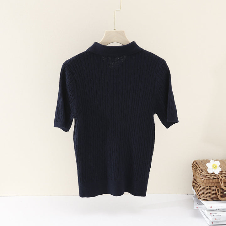 Damen Kurzärmeliges Strick-Poloshirt mit Zopfmuster und Knopfleiste Echo Archiv