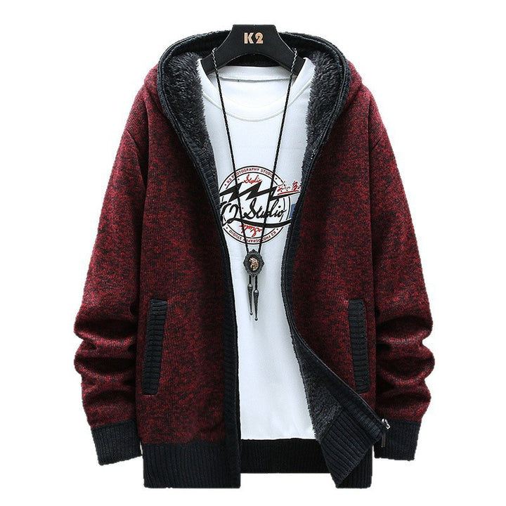 Herren Moderne Strickjacke mit Kapuze und schwarz-weißen Akzenten Echoarchiv
