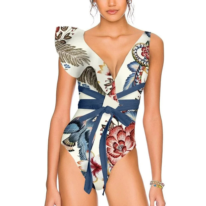 Damen Badeanzug-Set mit floralen Rüschen und taillierter Shorts Echo Archiv