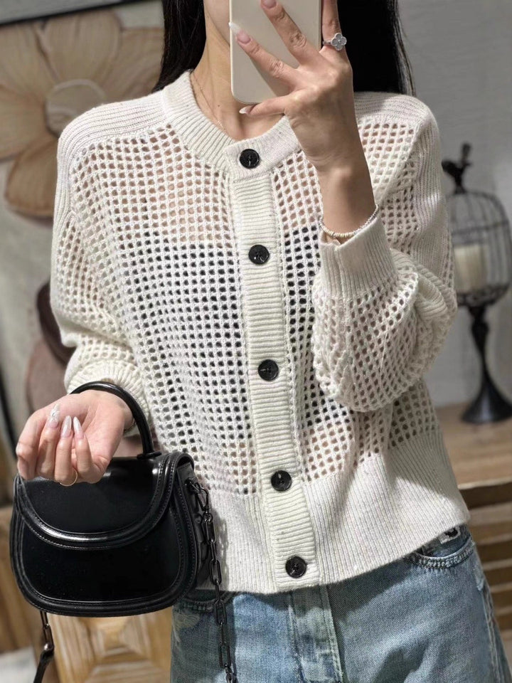 Damen Lockerer Mesh‑Cardigan mit Gitter‑Ajour, Rundhalsausschnitt und Knopfleiste Echoarchiv
