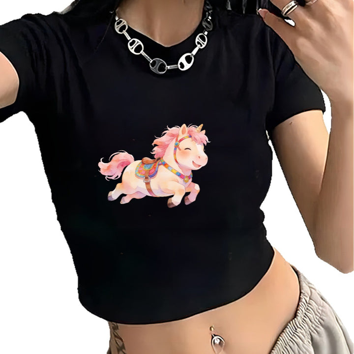 Damen Crop-T-Shirt mit verspielt illustriertem Einhornmotiv Echo Archiv