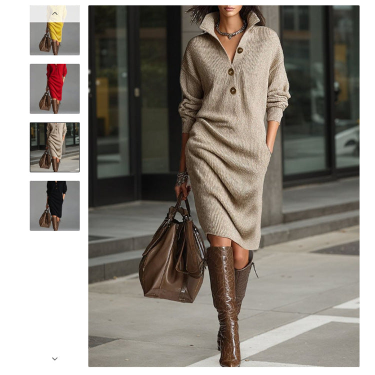 Damen nan gestricktes Pulloverkleid mit Polokragen, Eingrifftaschen und lässiger Passform Echo Archiv