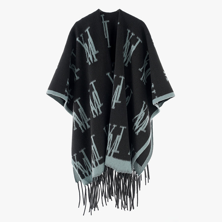 Damen Oversize-Monogramm-Capeponcho aus Wollmix mit Fransensaum – Célinea
