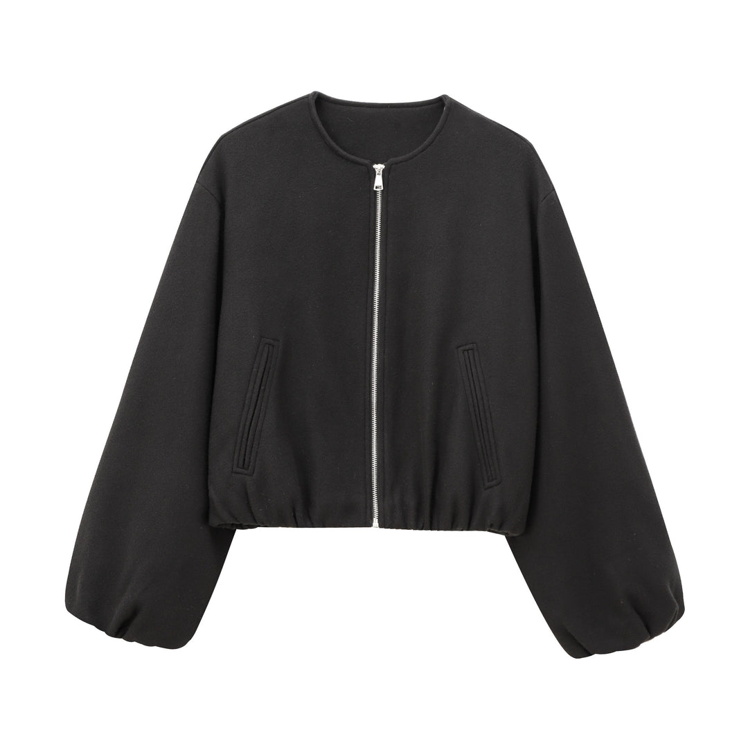 Damen Kurzer Wollmix-Bomber mit Rundhals, Reißverschluss und elastischem Saum Echo Archiv