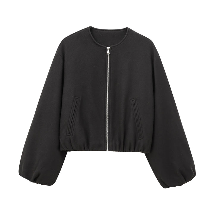Damen Kurzer Wollmix-Bomber mit Rundhals, Reißverschluss und elastischem Saum Echo Archiv