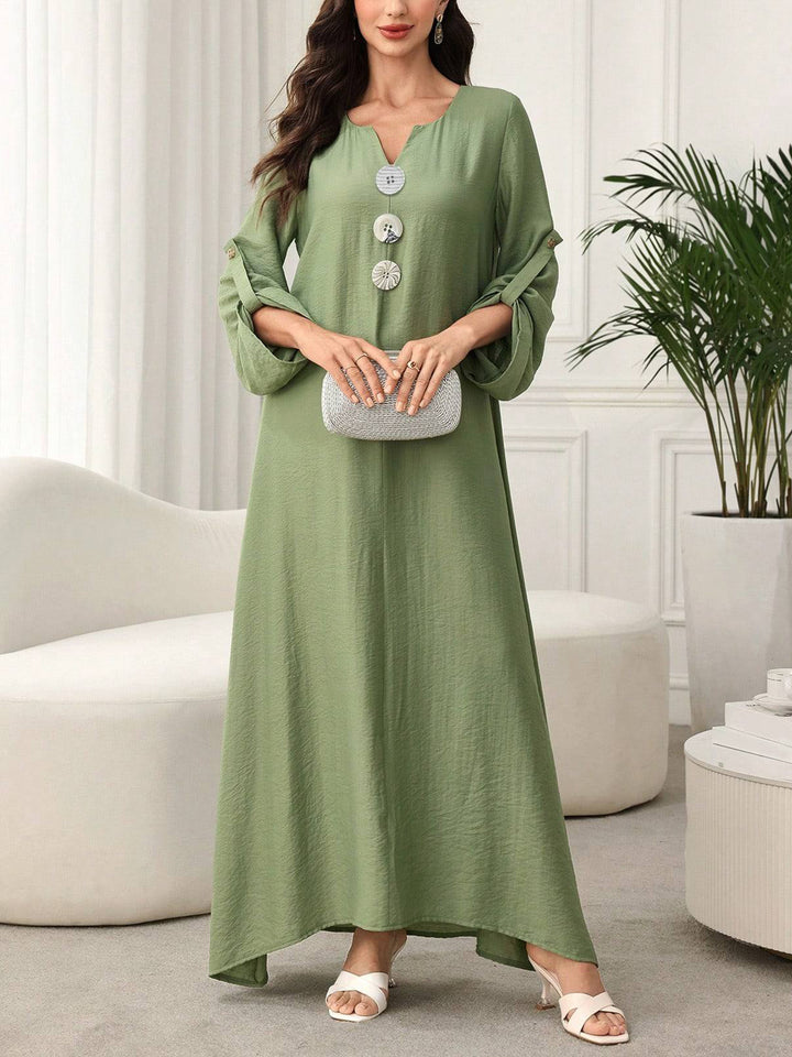Damen Maxikleid mit Zierknöpfen, V-Ausschnitt und krempelbaren 3/4-Ärmeln – Avérine