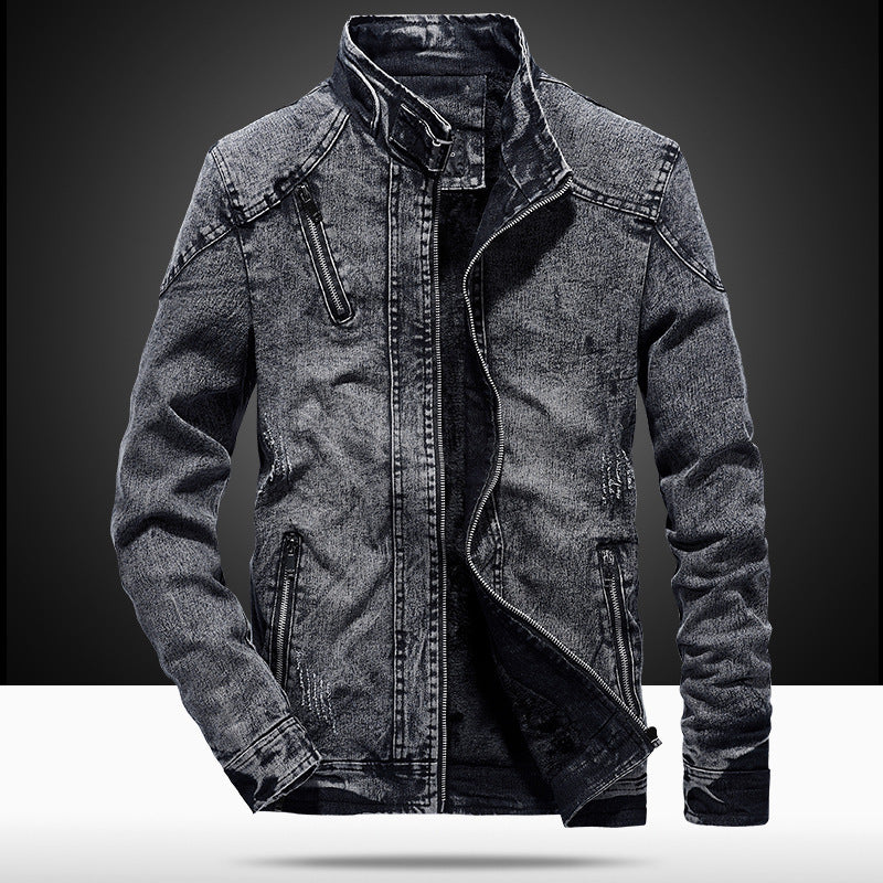 Herren Denim-Utility-Blouson mit hochschließendem Stehkragen und Zipper-Taschen – Denvaro