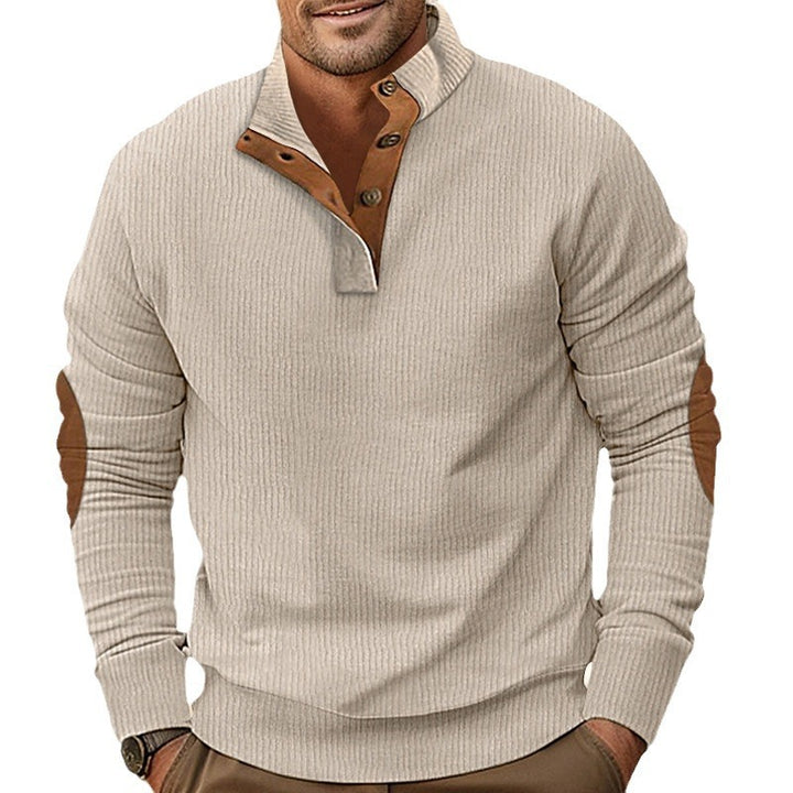 Herren nan strukturiertes Rugby-Pullover mit Stehkragen, Knopfleiste und Leder-Ellenbogenpatches Echo Archiv