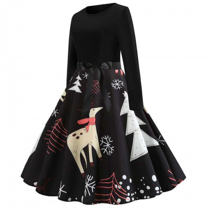 Damen festliches A-Linien Kleid mit weihnachtlichem Rentier-Print und Satin-Taillenband – Élara