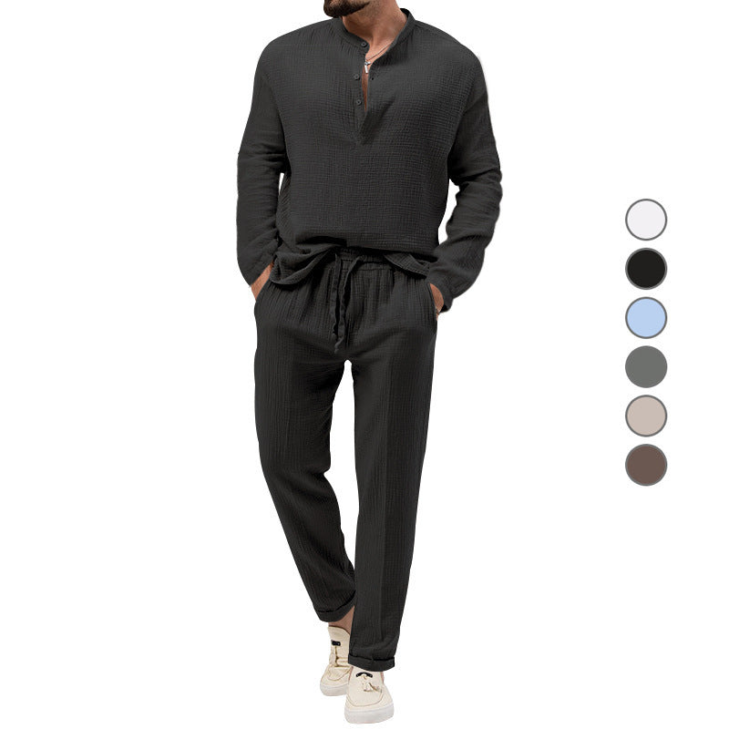 Herren Lässiges Zweiteiliges Lounge-Set aus Baumwoll-Gauze mit Henley-Oberteil und Tunnelzug-Hose Echoarchiv