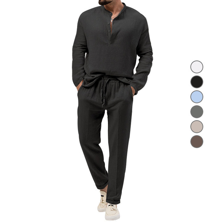 Herren Lässiges Zweiteiliges Lounge-Set aus Baumwoll-Gauze mit Henley-Oberteil und Tunnelzug-Hose Echoarchiv