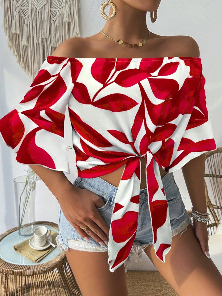 Damen Off-Shoulder Bluse mit floralem Muster und taillierbarem Knoten Echo Archiv