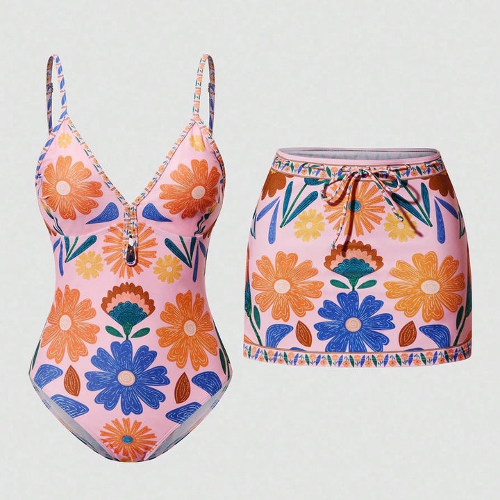 Damen Badeanzug mit floralem Design und abnehmbarem Rock Echo Archiv