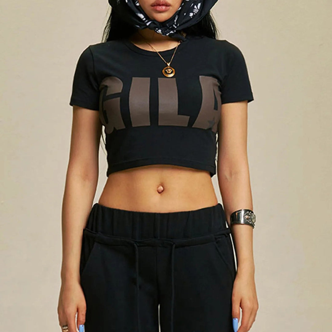 Damen Cropped T-Shirt mit auffälligem Grafikdruck Echo Archiv