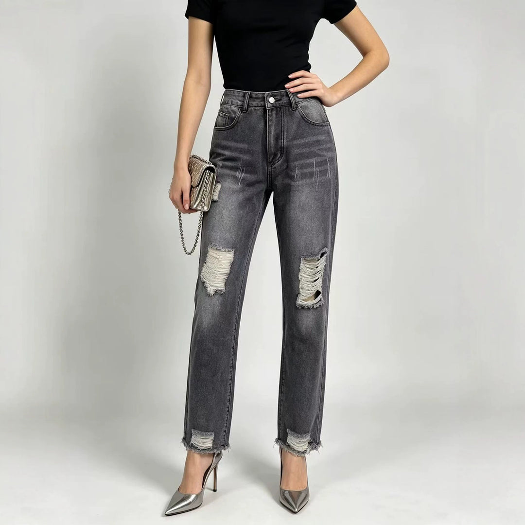 Damen nan hochgeschnittene Straight Leg Jeans mit gezielten Rissdetails und rohem Knöchelabschluss Echo Archiv