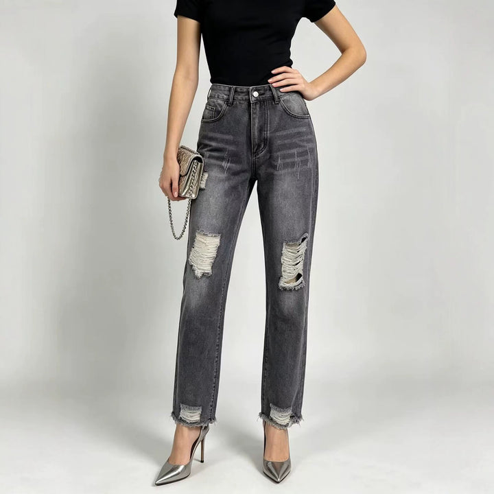 Damen nan hochgeschnittene Straight Leg Jeans mit gezielten Rissdetails und rohem Knöchelabschluss Echo Archiv