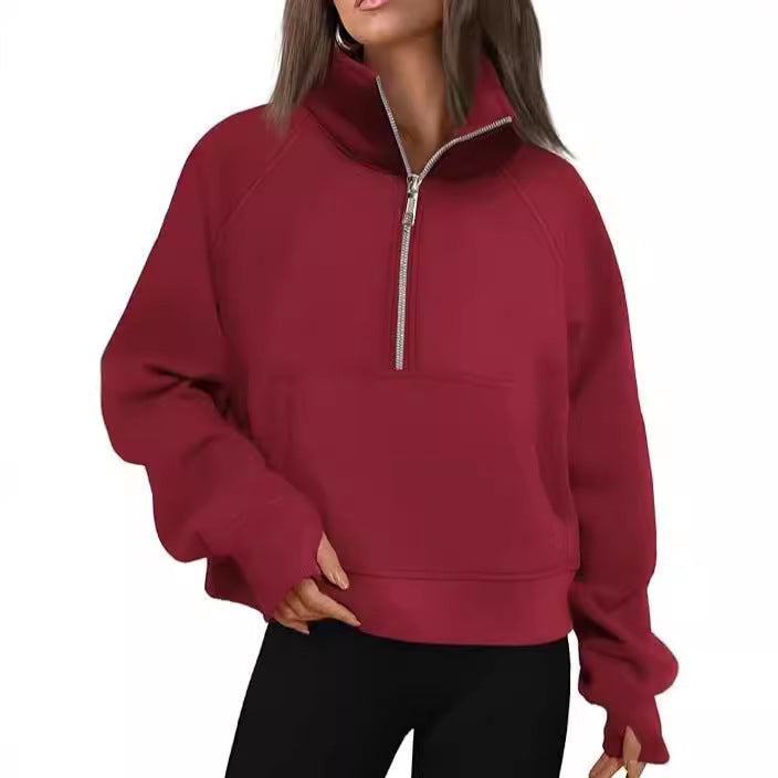 Damen nan kurzer Halfzip-Sweater mit hohem Stehkragen, Kängurutasche und verlängerten Daumenlöchern Echo Archiv