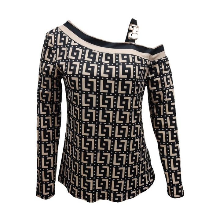 Damen Asymmetrisches Longsleeve mit One-Shoulder, Ziergurt und geometrischem Allover-Print – Avérine