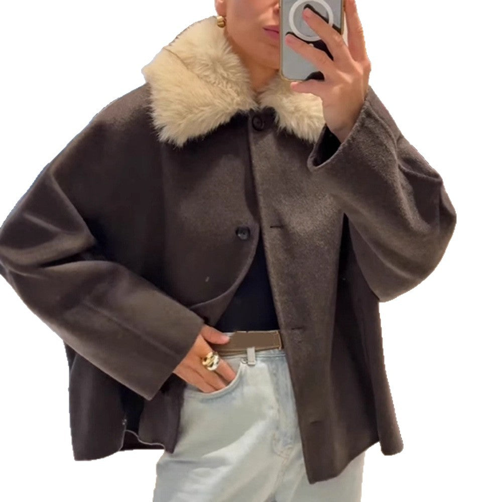 Damen Boxy-Cropped Wollmix-Jacke mit weichem Kunstpelz‑Schalkragen Echoarchiv