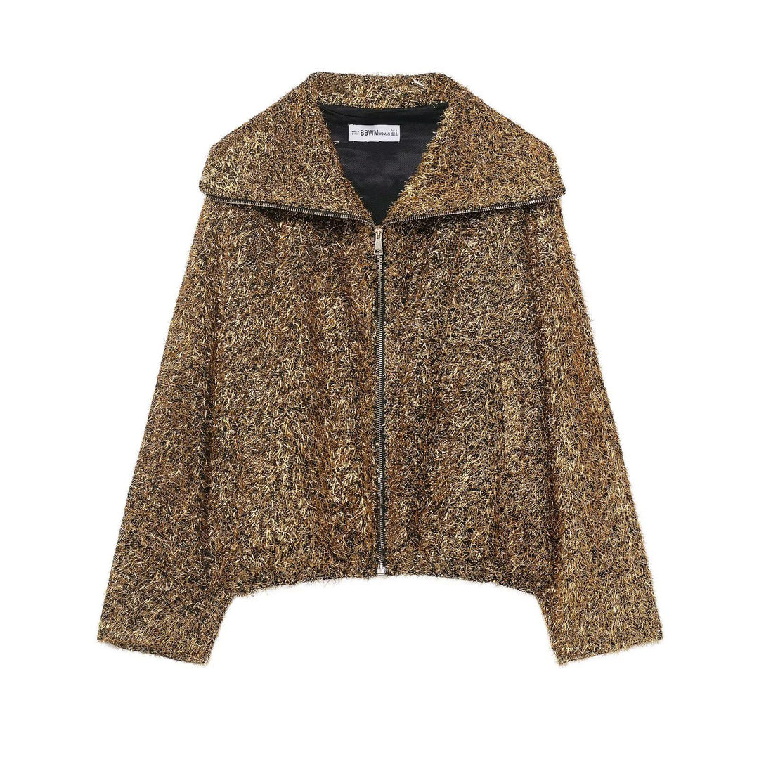 Damen cropped Glitzer-Strickjacke mit Reißverschluss und weitem Schalkragen – Veloura