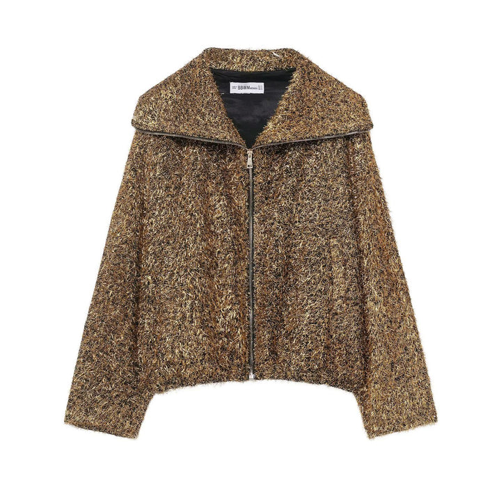 Damen cropped Glitzer-Strickjacke mit Reißverschluss und weitem Schalkragen – Veloura