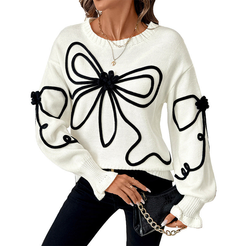Damen Strickpullover mit kontrastierter Kordelblumenapplikation und Rippbündchen Echoarchiv
